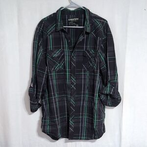 Machine Men's Black Green Plaid Long Sleeve Button Up Size XXL